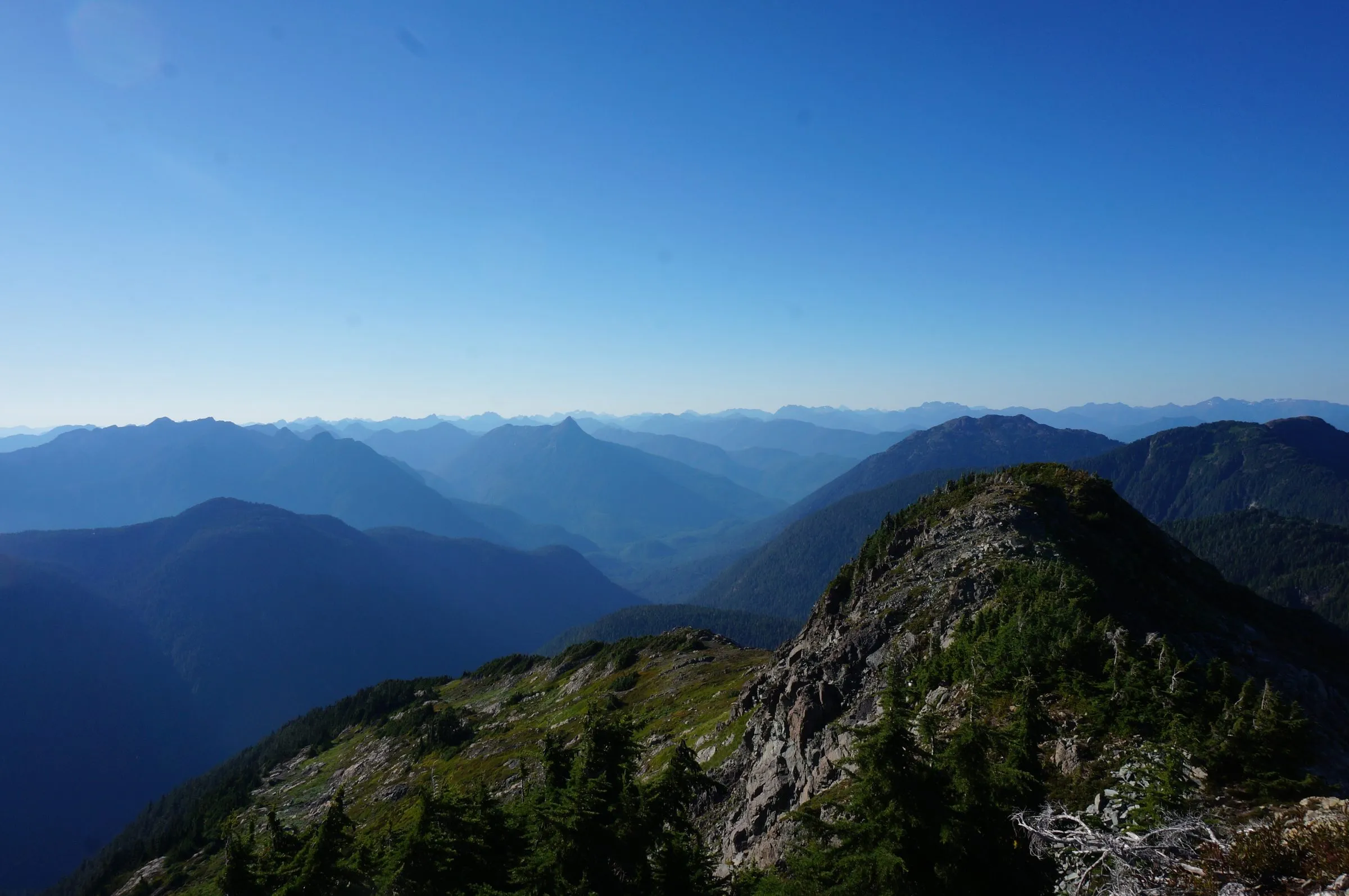 Rows of blue mountain ridges receding to the horizon beyond a rocky, tree-dotted knoll