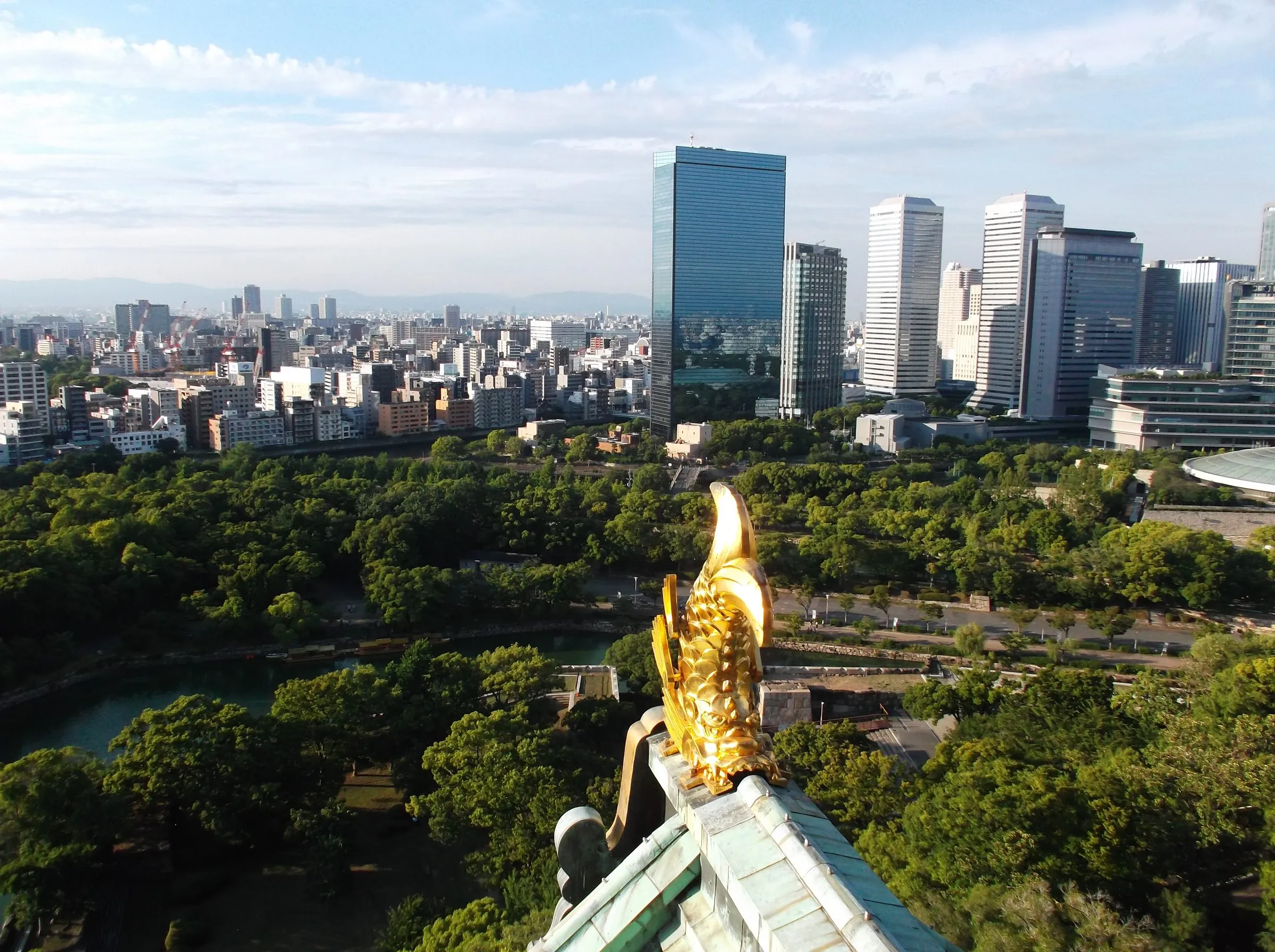 A gilded fish ornament on a green castle roof overlooking a park and a cluster of city towers