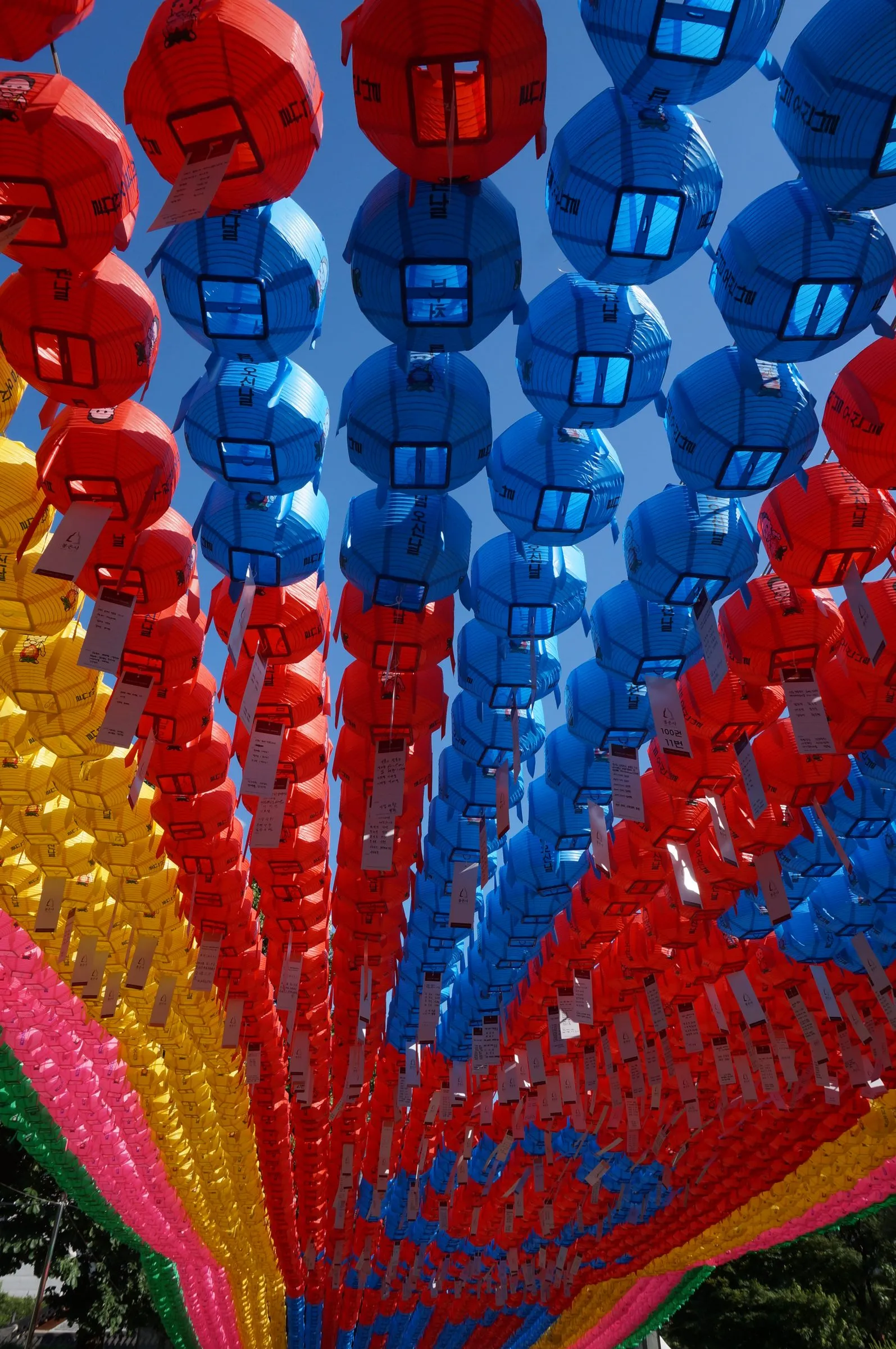 Looking up through rows of red, blue and yellow paper lanterns with paper name tags, hung in lines toward a blue sky.