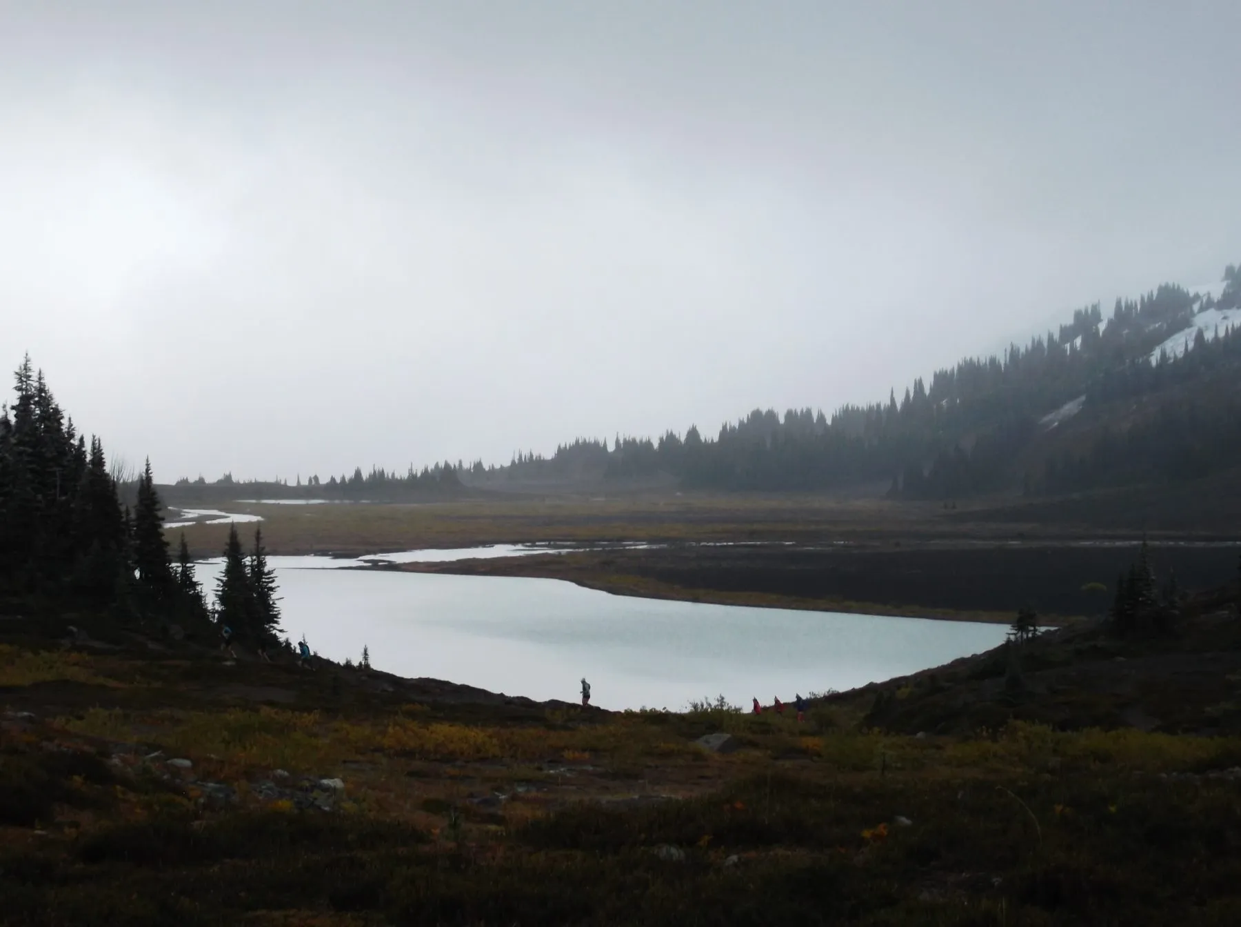 A pale lake curving through a dark meadow under a flat overcast sky